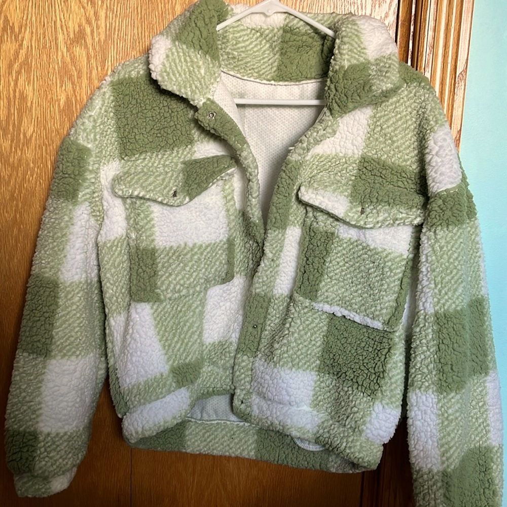 Fuzzy green and white shacket